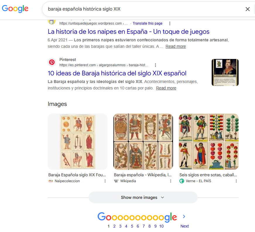 Búsqueda en Google de barajas españolas históricas del siglo XIX