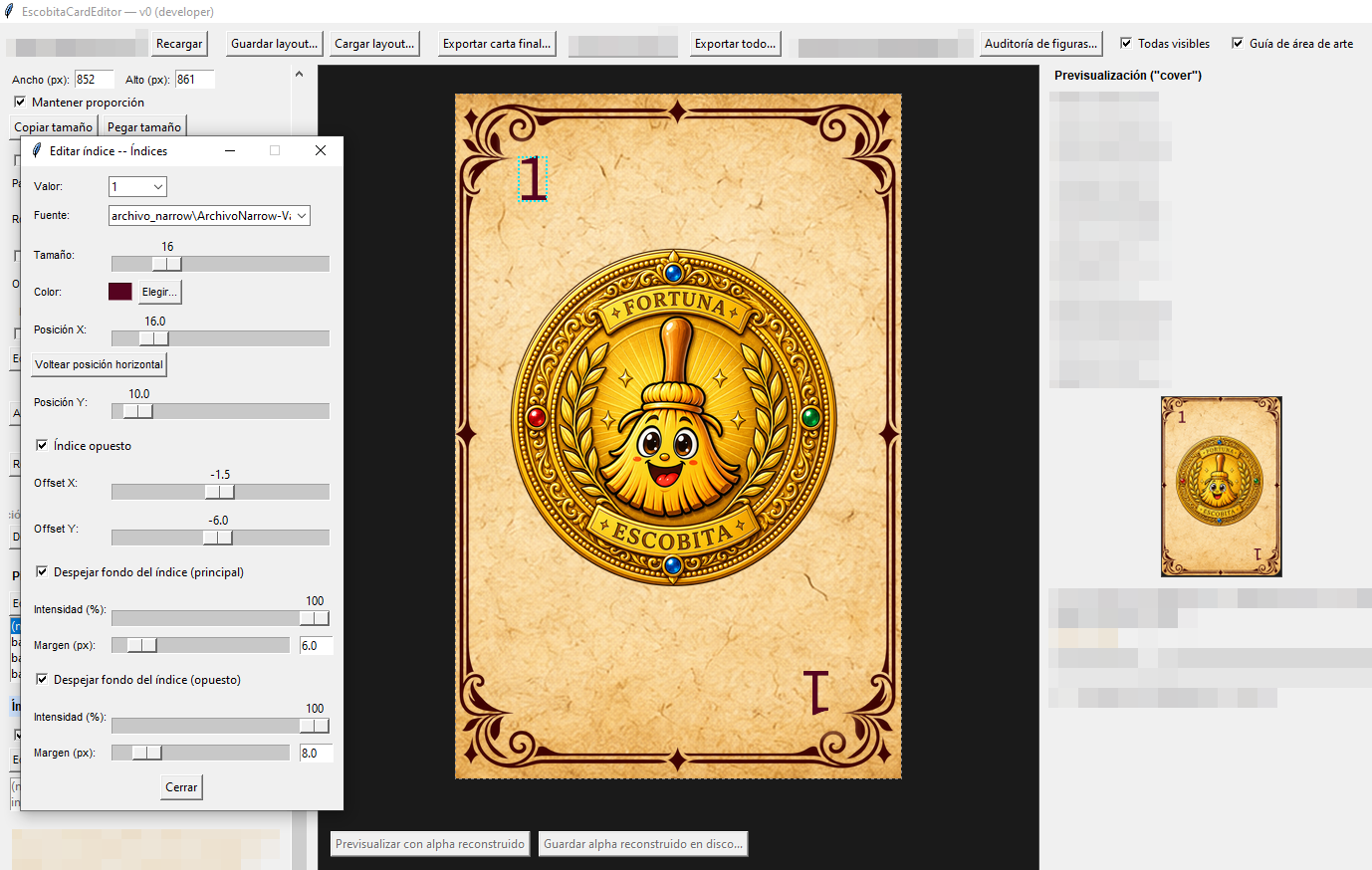 CardEditor, herramienta interna utilizada para construir las cartas de Escobita